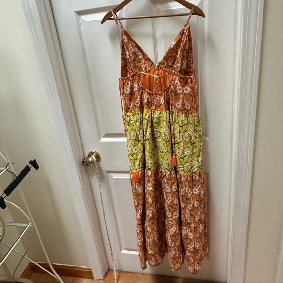 Japna Floral Orange Green Maxi Dress tiered tank v neck long M Medium yellow - Picture 4 of 5